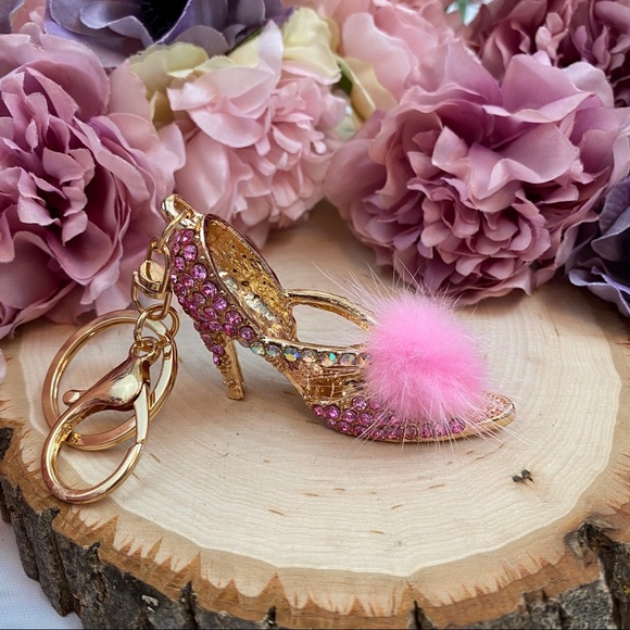 Pink Crystal High Heel Sandal with Pink Pom Pom Keychain Charm - Picture 5 of 11